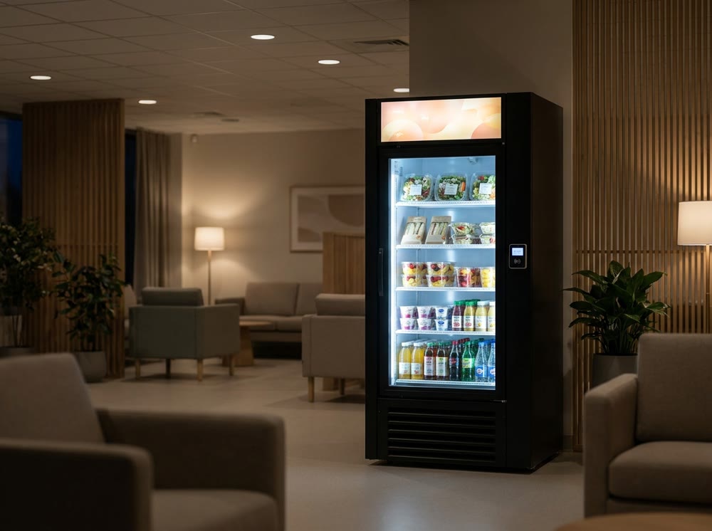 Concept render: smart cooler glowing in a dark lounge, running around the clock