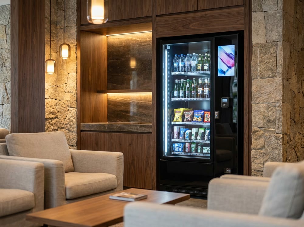 Concept render: refreshment corner with fresh food and beverage coolers in an upscale lobby