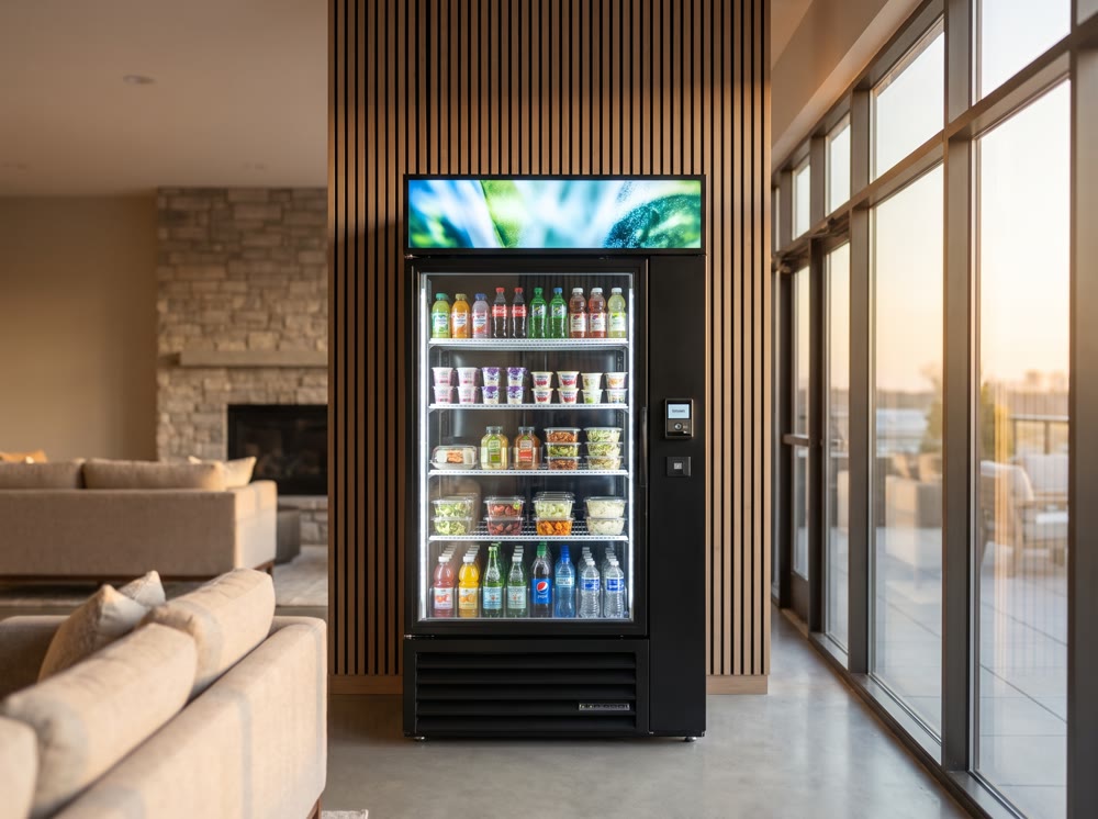 Concept render: On Point smart cooler in a multifamily clubhouse lounge